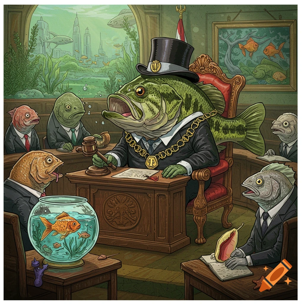 An illustration of a bass fish in a suit and top hat, acting as a judge or mayor in a courtroom with other fish in suits. A goldfish is in a bowl.
