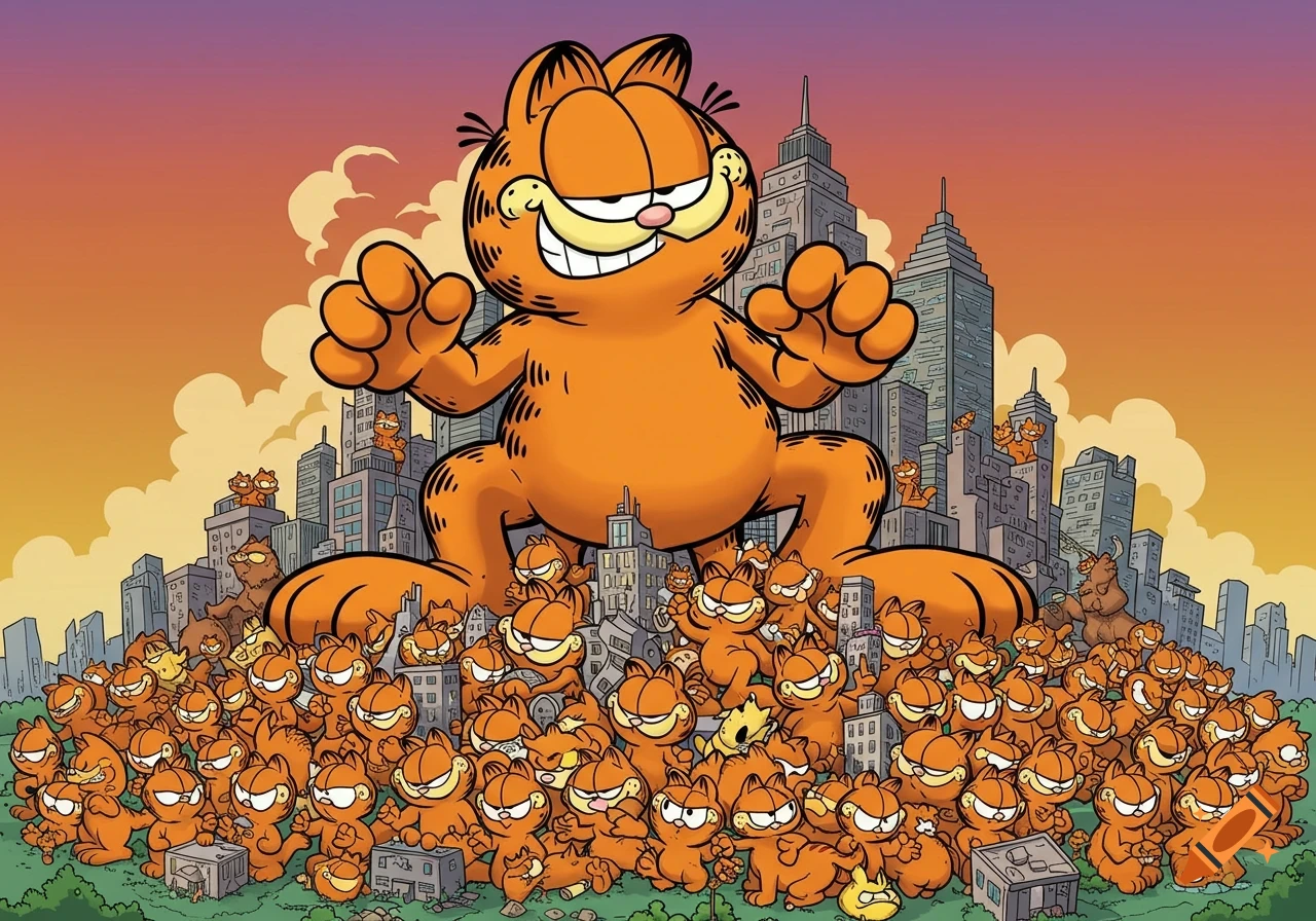 Giant cartoon Garfield stands over a city made of many smaller Garfields.
