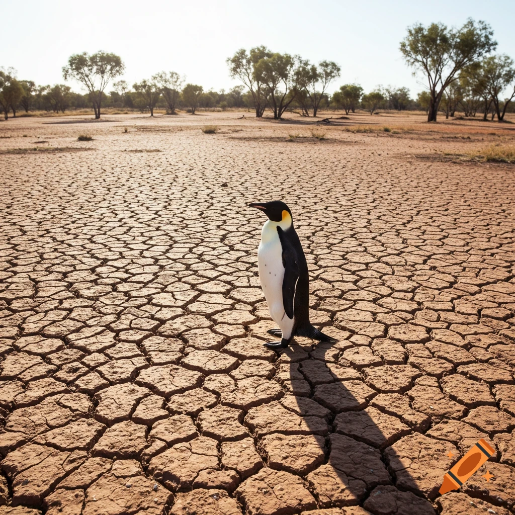 A penguin stands on dry, cracked earth in a desolate landscape with trees in the background.
