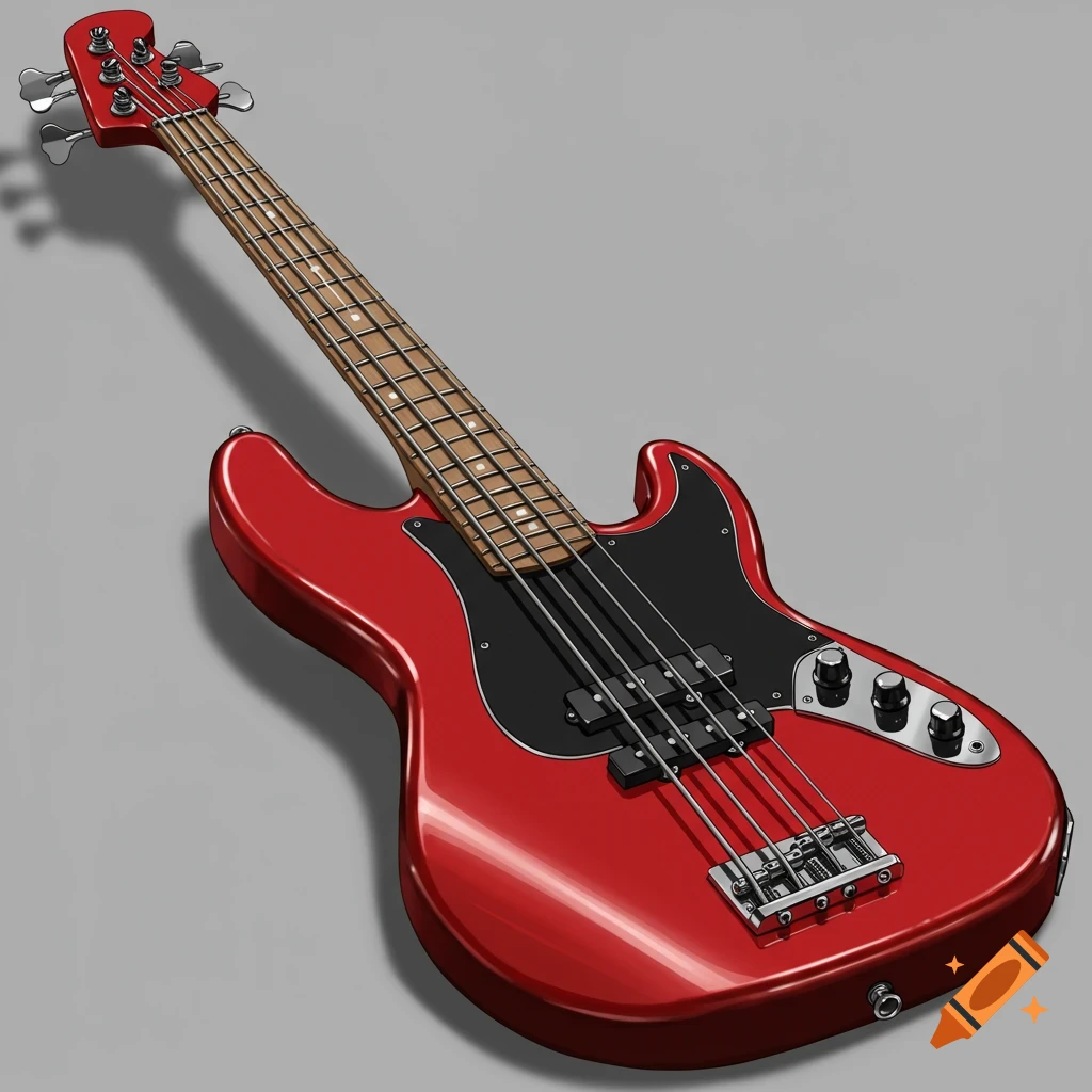 A red bass guitar on a gray background.