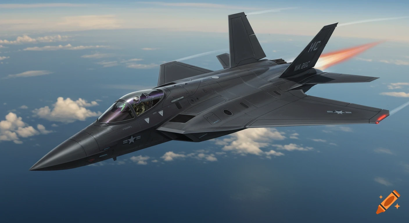 A futuristic dark gray fighter jet flies through a cloudy sky, with glowing engine exhaust.