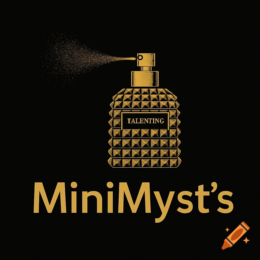 Gold perfume bottle spraying on black background with text MiniMyst's below.