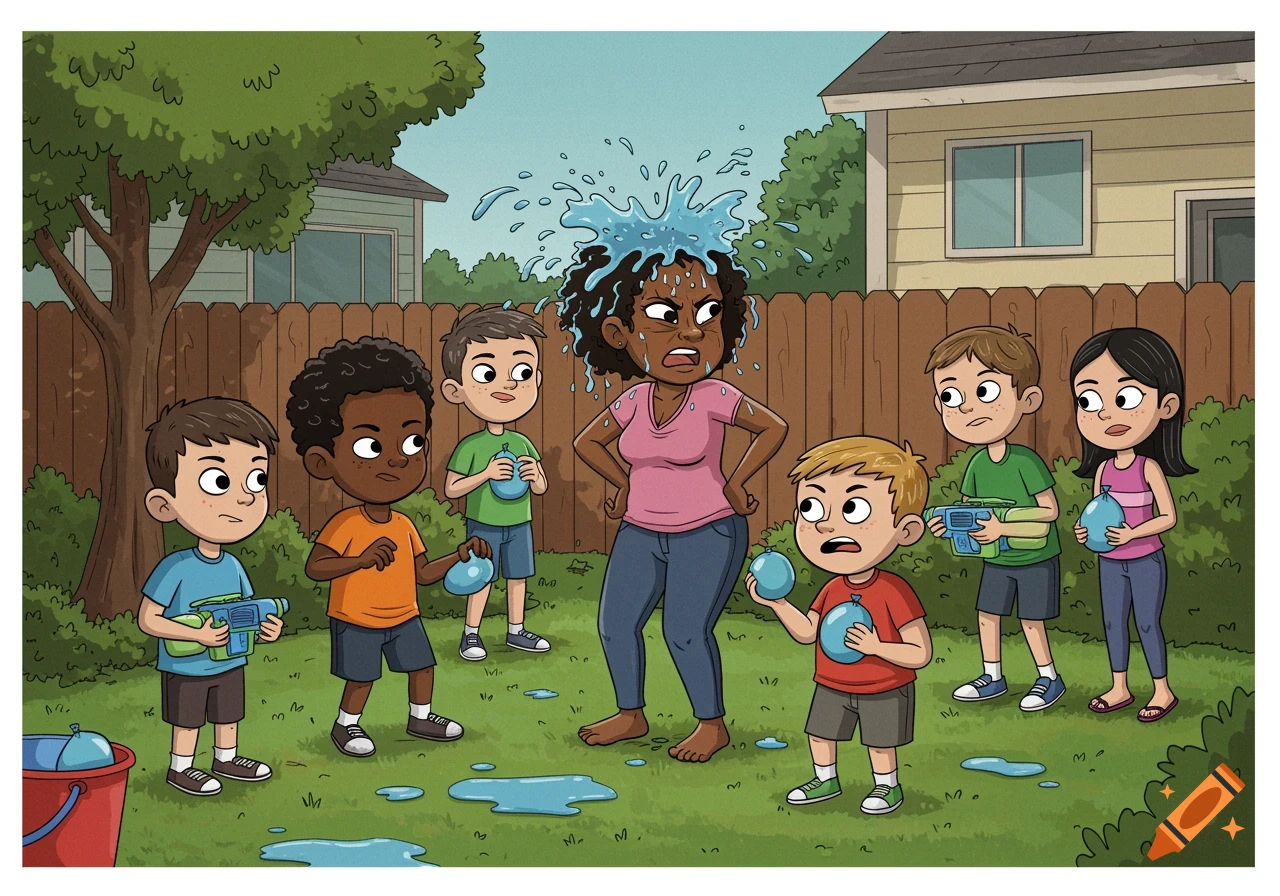 Cartoon of kids splashing a woman with water balloons in a backyard.
