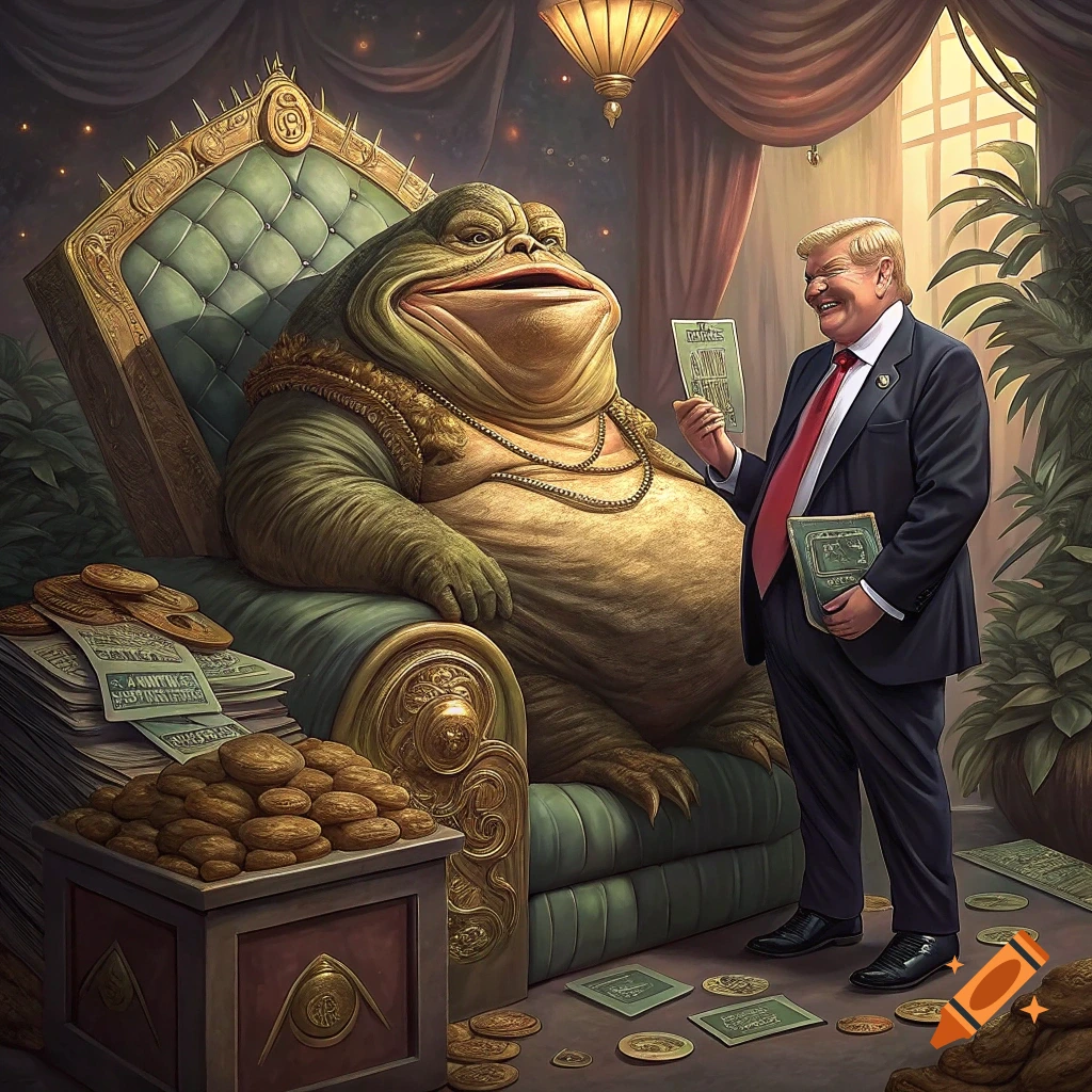 A large creature resembling Jabba the Hutt sits on a throne next to stacks of money and cookies, while a man resembling Donald Trump stands holding money and a book in a lavish room.