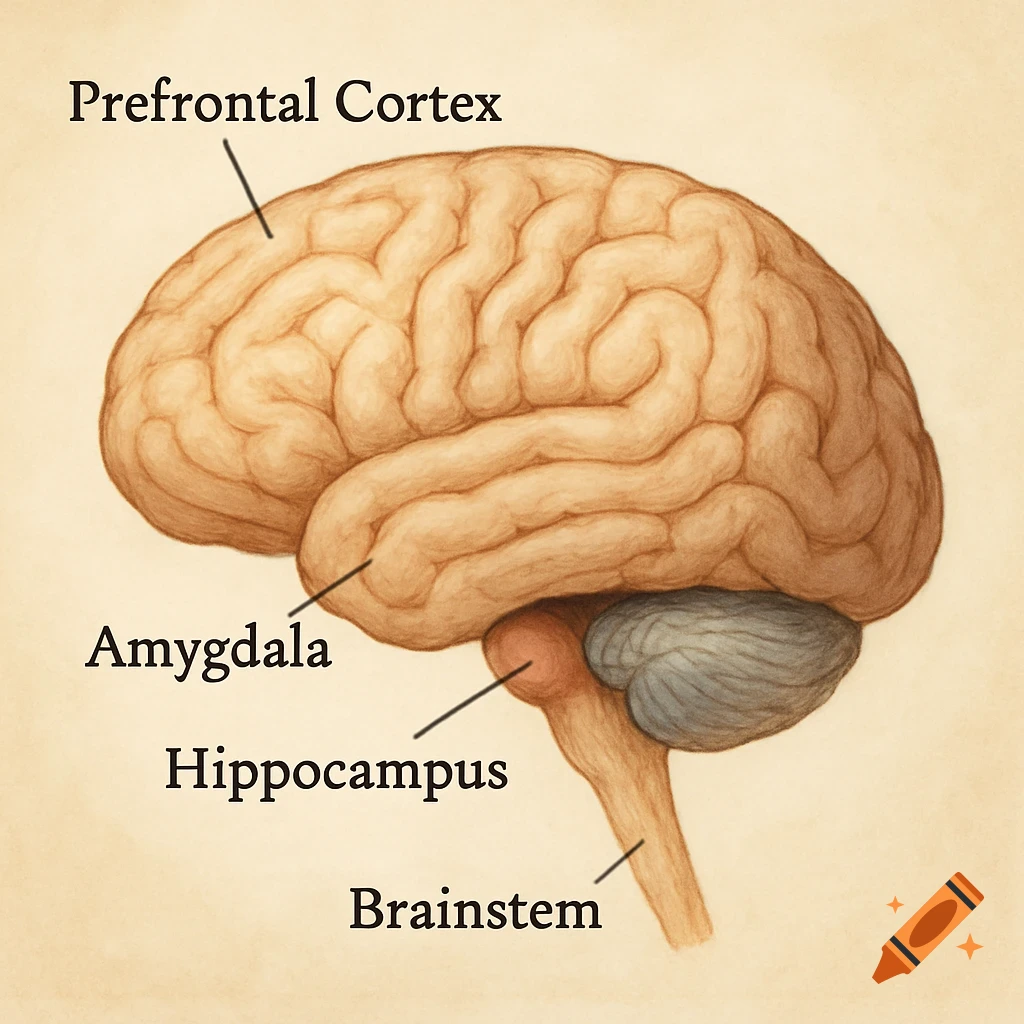 Diagram of a human brain with labeled parts: Prefrontal Cortex, Amygdala, Hippocampus, Brainstem.