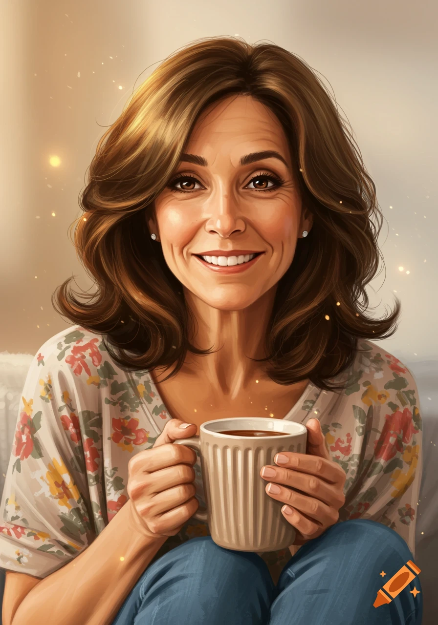 Digital painting of a smiling woman holding a coffee cup.