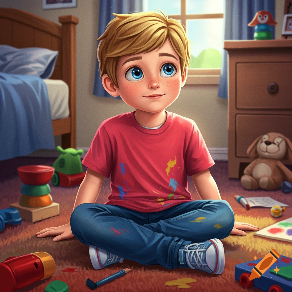 Cartoon illustration of a boy sitting on the floor in a messy bedroom with toys.