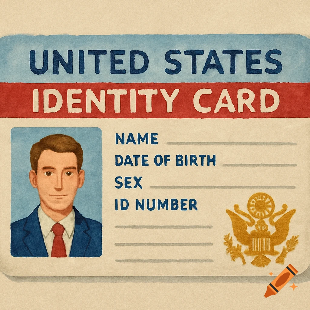 Illustration of a United States identity card with a portrait drawing and text fields.