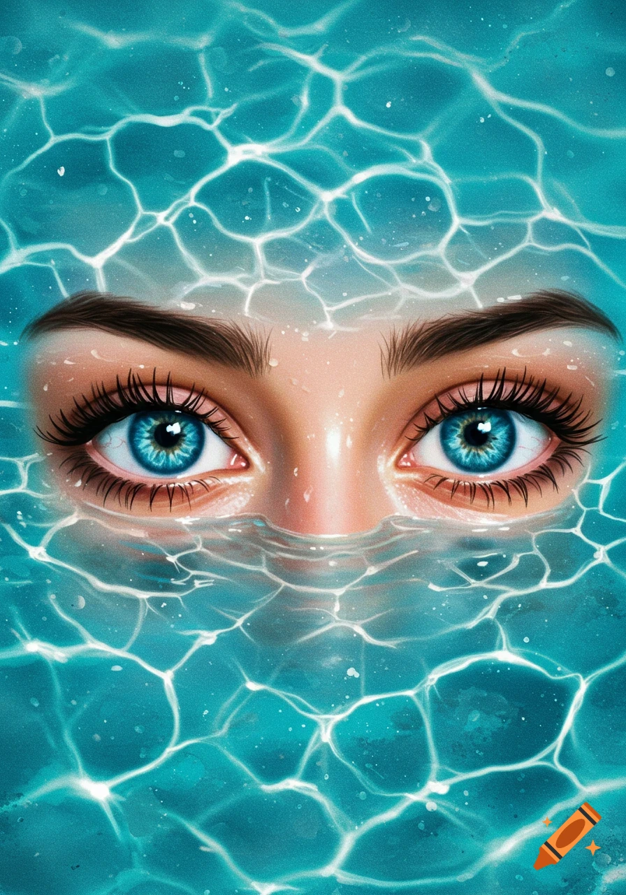 Close-up illustration of blue eyes submerged in water with light refractions