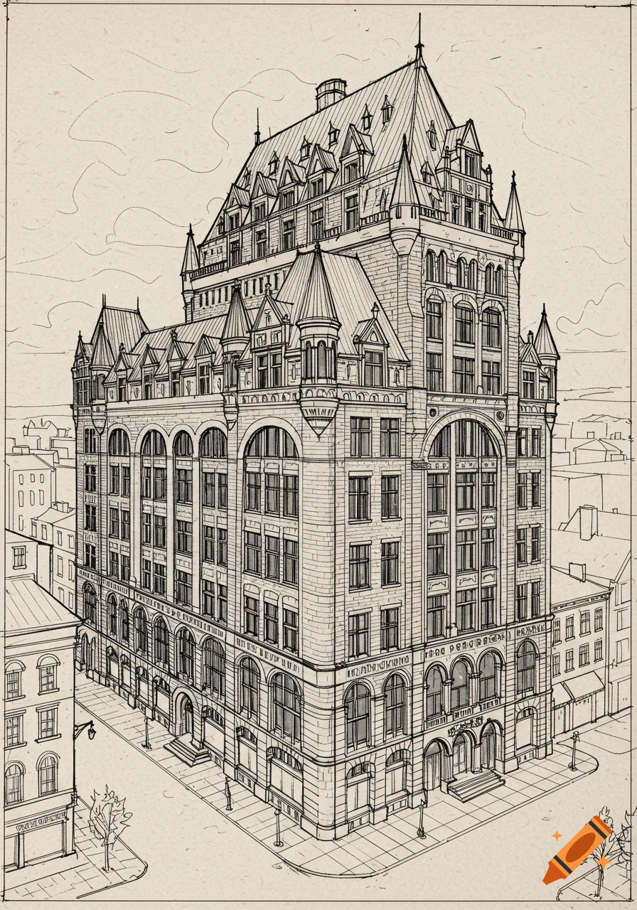 Black and white line drawing of a tall, ornate historical building from a low angle perspective.