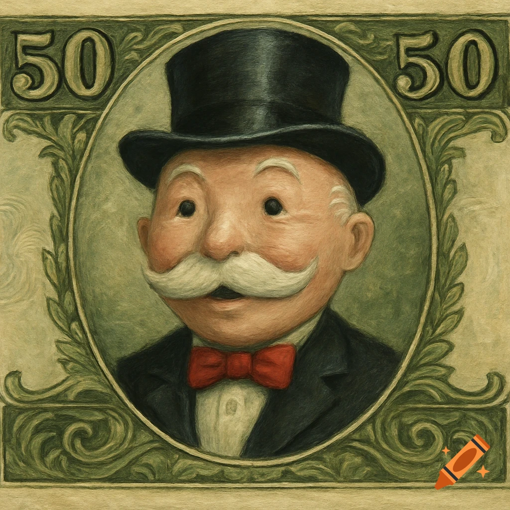 Painting of the Monopoly man on a 50 dollar banknote.