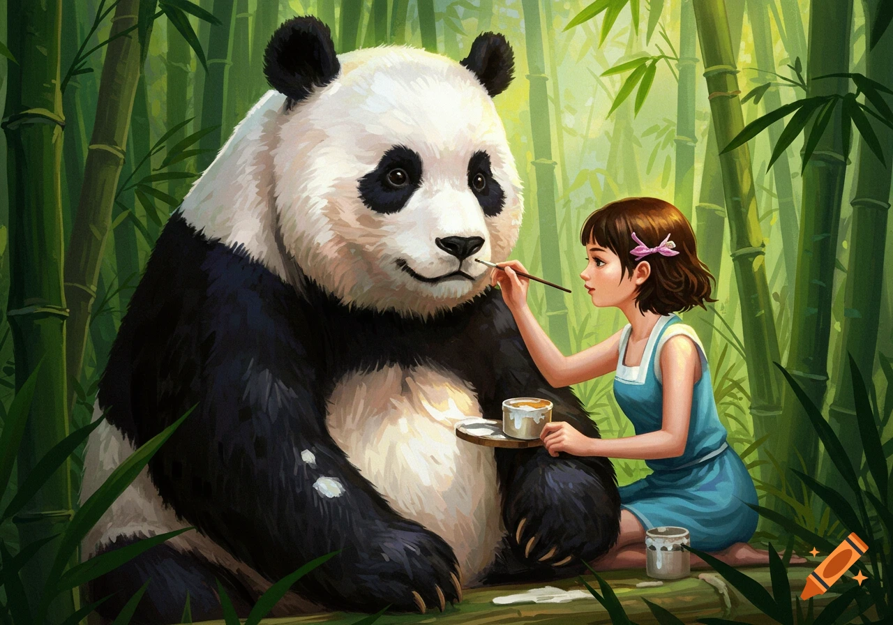 Illustration of a girl painting a giant panda's black spots white in a bamboo forest.