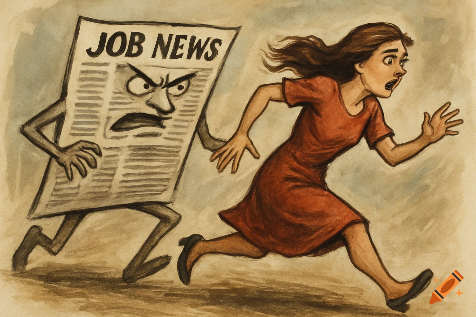 A scared woman runs from a menacing newspaper character labeled "JOB NEWS" in a watercolor illustration.