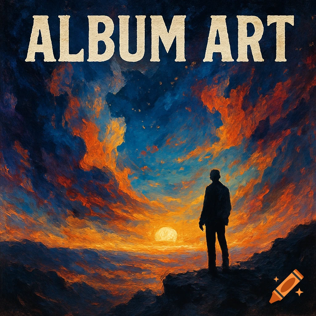 Painterly image of a person on a cliff watching a fiery sunset over the ocean, with the text 'ALBUM ART' above.