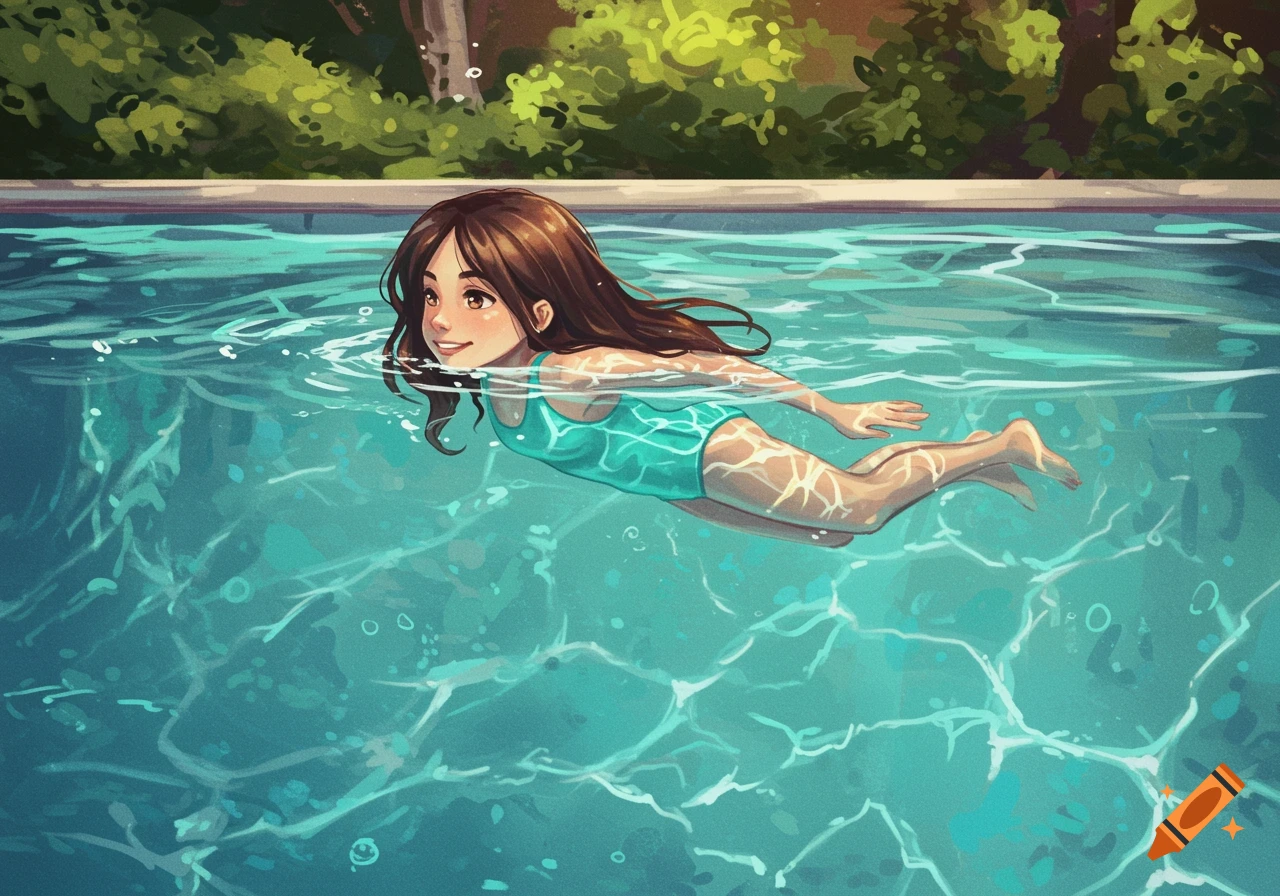 Illustration of a girl swimming underwater in a pool.