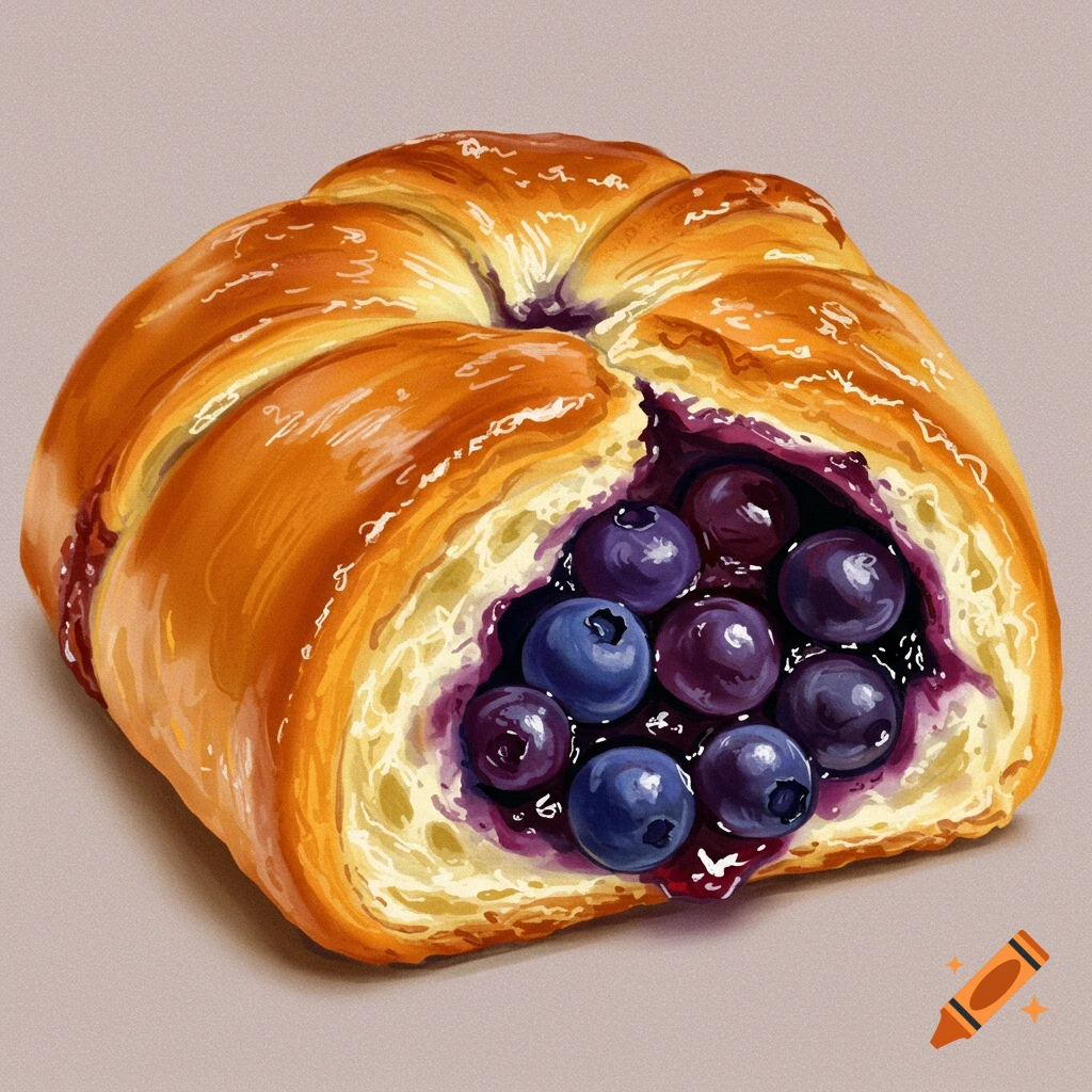Illustration of a golden brown pastry filled with blueberries and jam, a blueberry kolache.