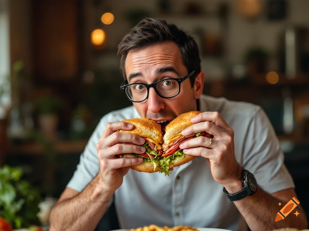 Man with glasses eats a large sandwich