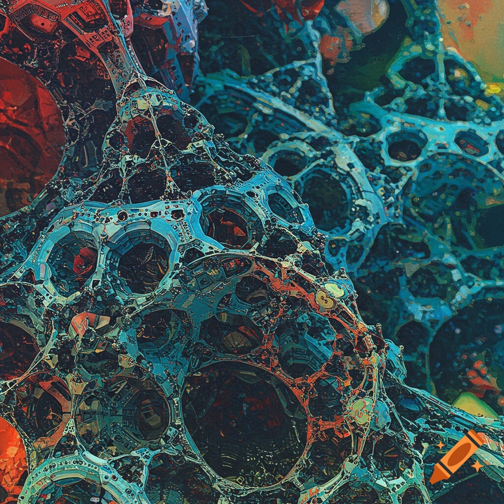 Detailed abstract structure resembling a fractal or porous material, in blue, turquoise, and red.