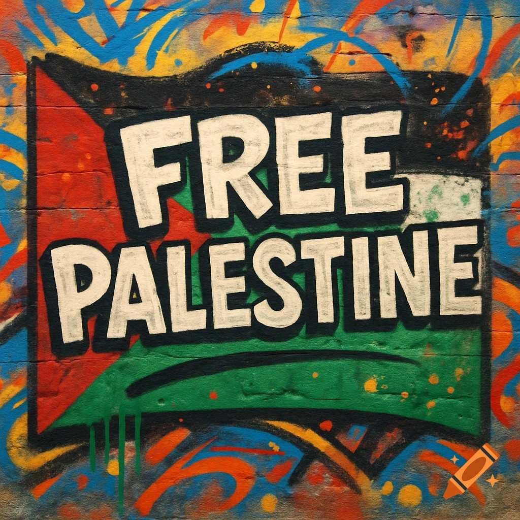 Graffiti art on a textured wall reads "FREE PALESTINE" in white block letters, over a background in red, black, white, and green.
