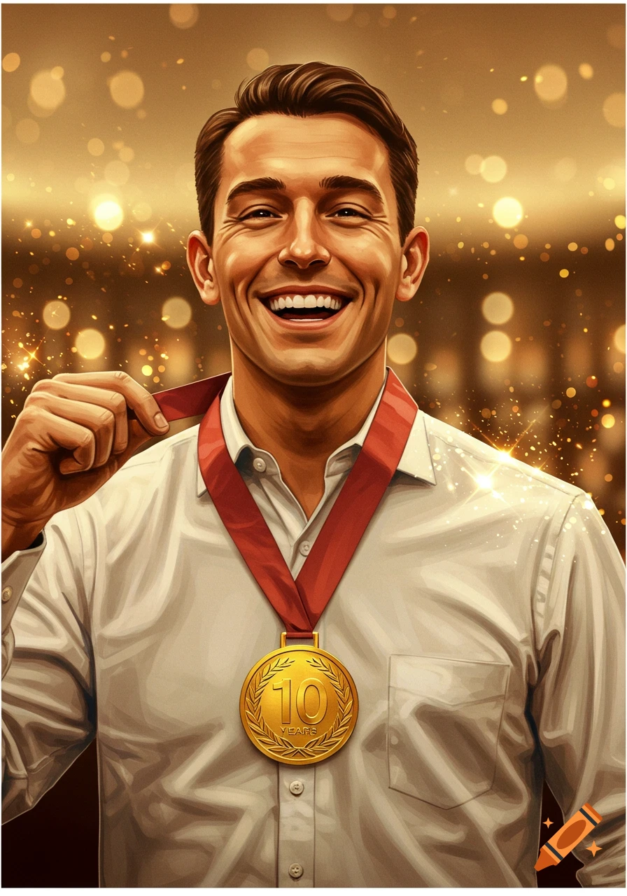 A man smiles wearing a gold medal with "10 YEARS" on a red ribbon.