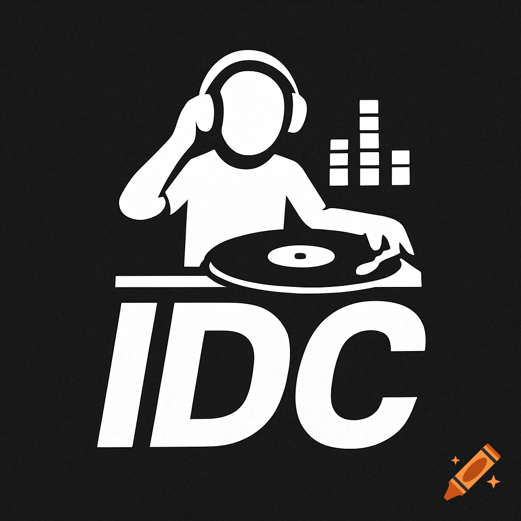 A white silhouette logo featuring a DJ with headphones at a turntable, with an equalizer graphic and the letters IDC below, on a black background.