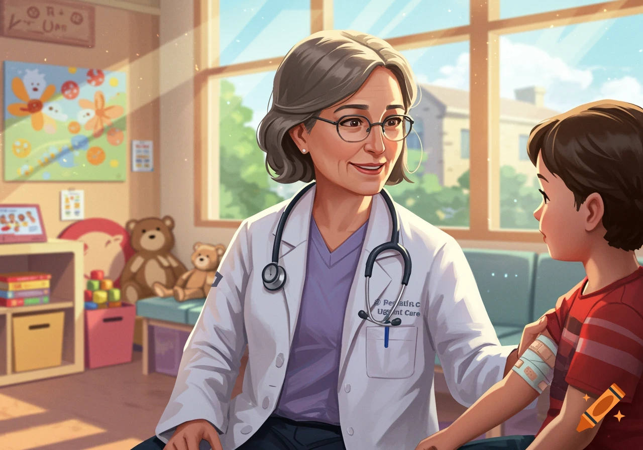 Illustration of a female doctor talking to a boy in a pediatric clinic.