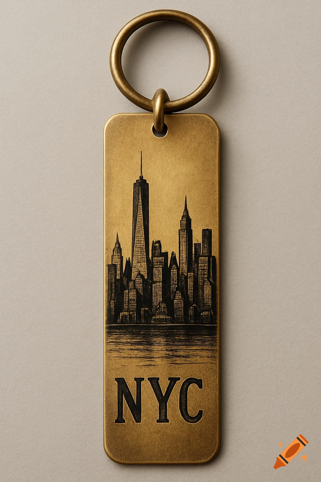 A vintage brass keychain with a black etched NYC skyline and 'NYC' text.
