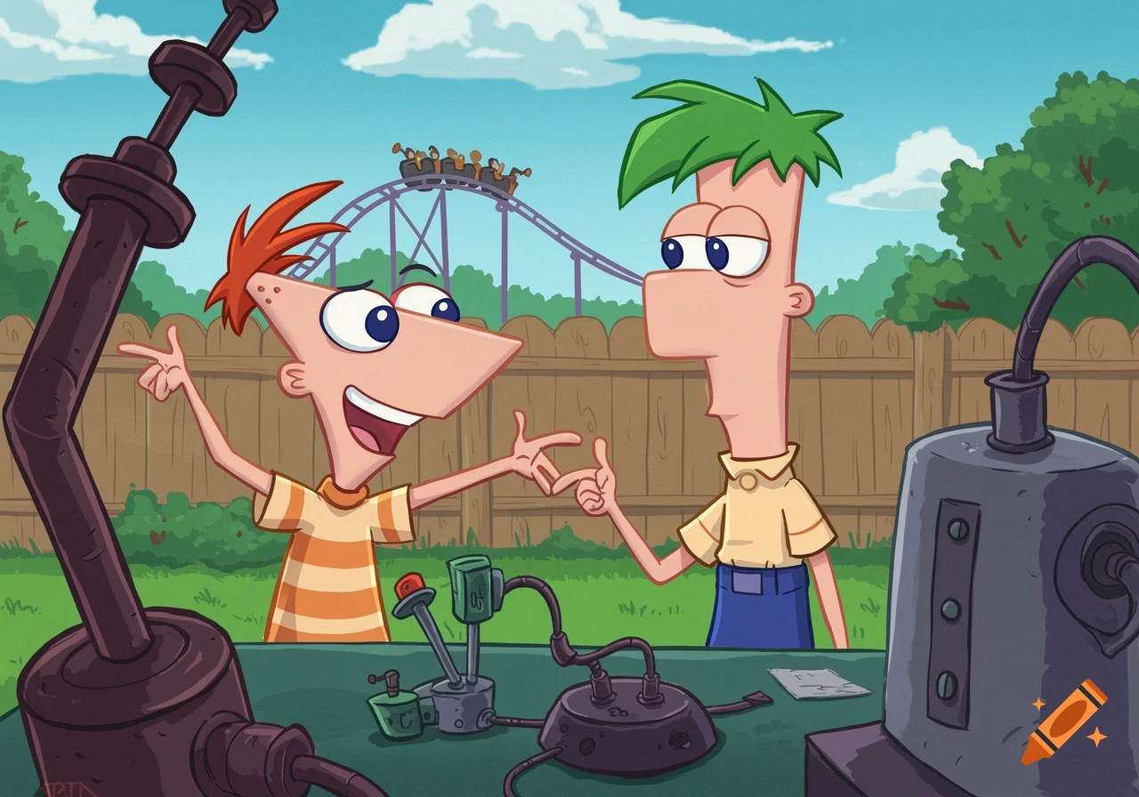 Phineas and Ferb working on an invention in their backyard with a roller coaster in the background.