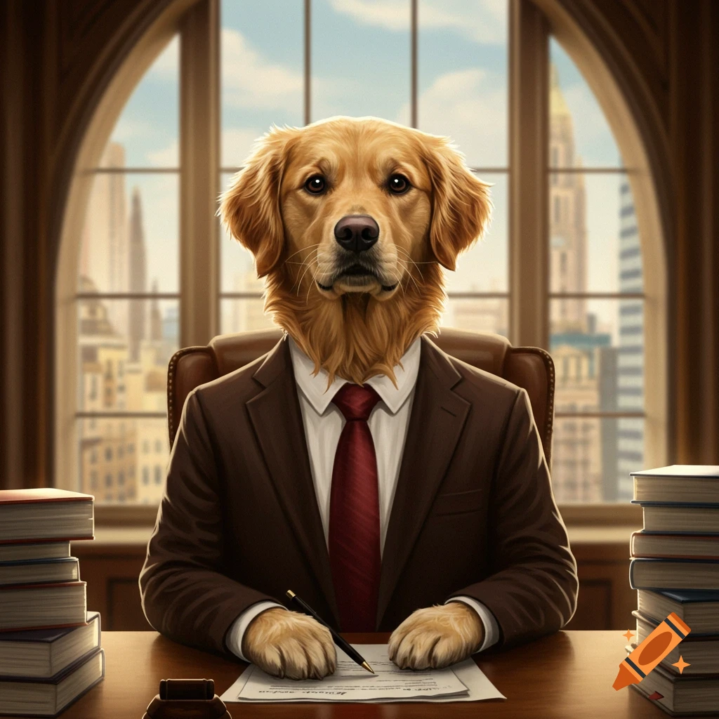 A golden retriever dog wearing a suit and tie sits at a desk in an office, holding a pen over a document.