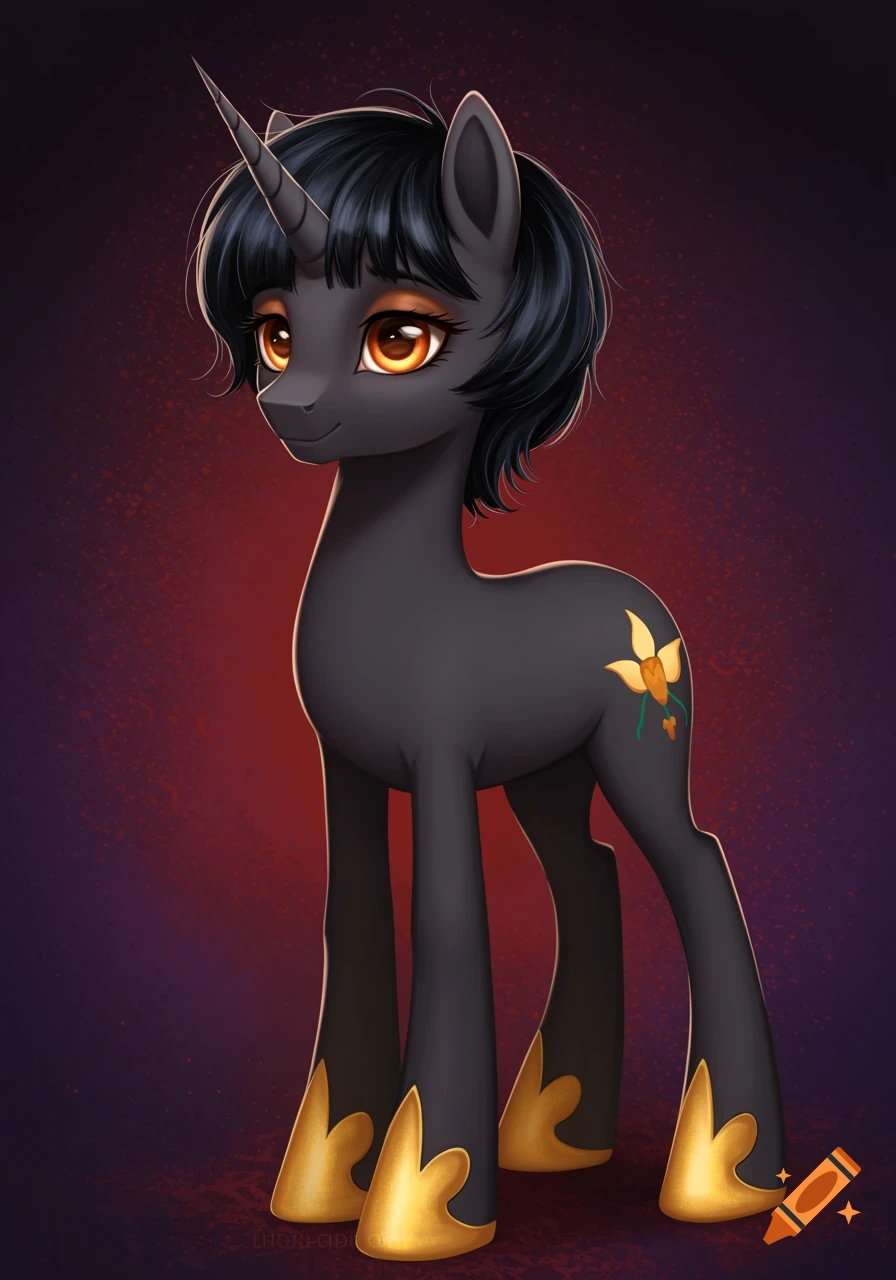 A black My Little Pony unicorn with short black hair, amber eyes, golden hooves, and a flower cutie mark.