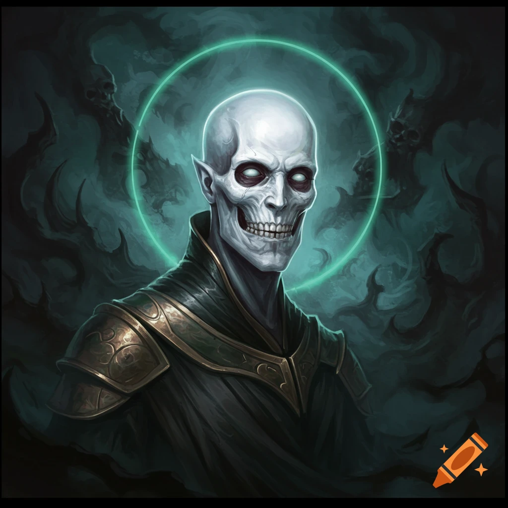 Portrait of a skeletal fantasy figure with glowing eyes and a green halo, in a dark atmosphere.