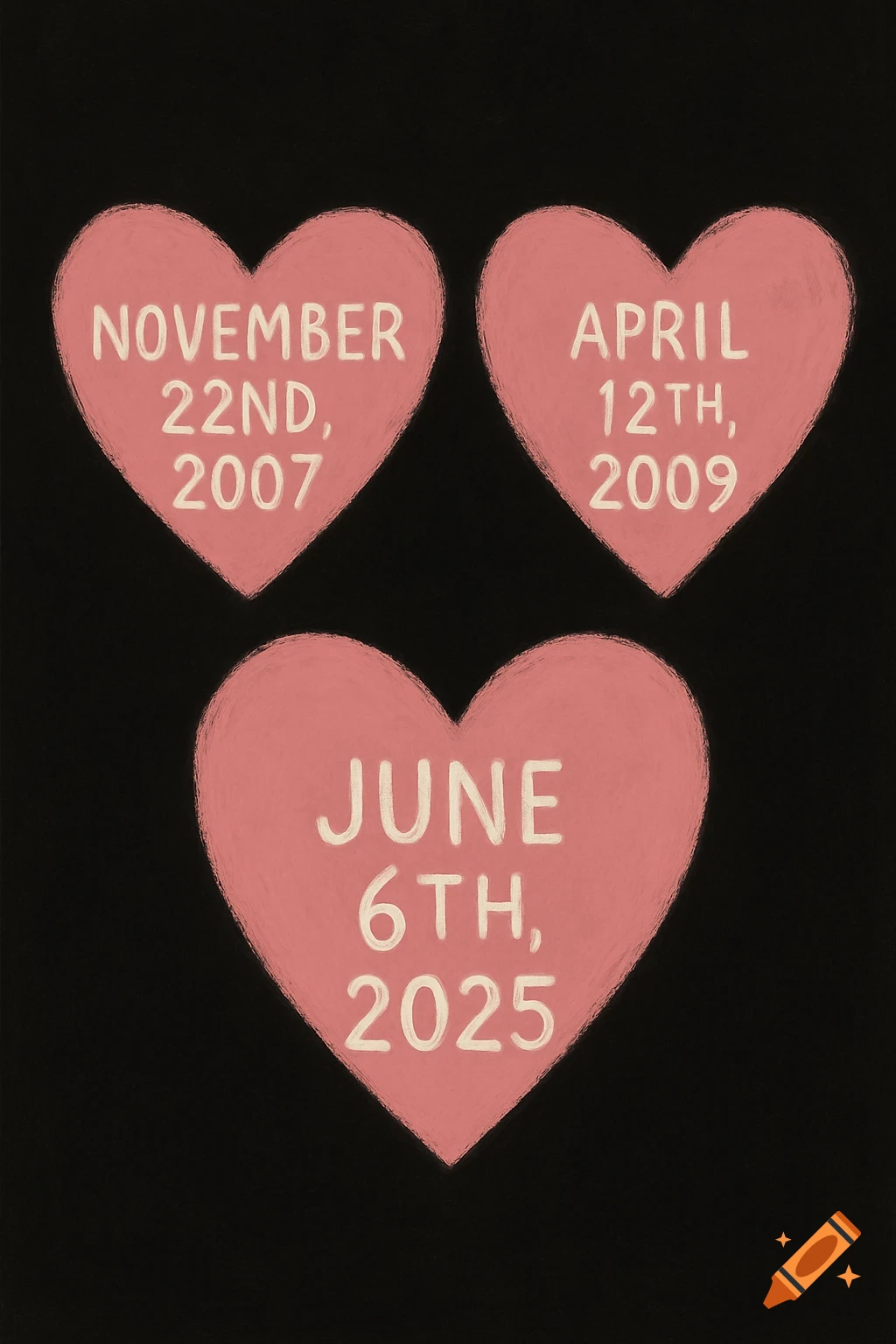 Three pink hearts with dates on a black background, chalk style.