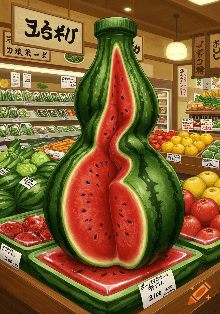 Illustration of a sliced Klein bottle watermelon in a Japanese grocery store.