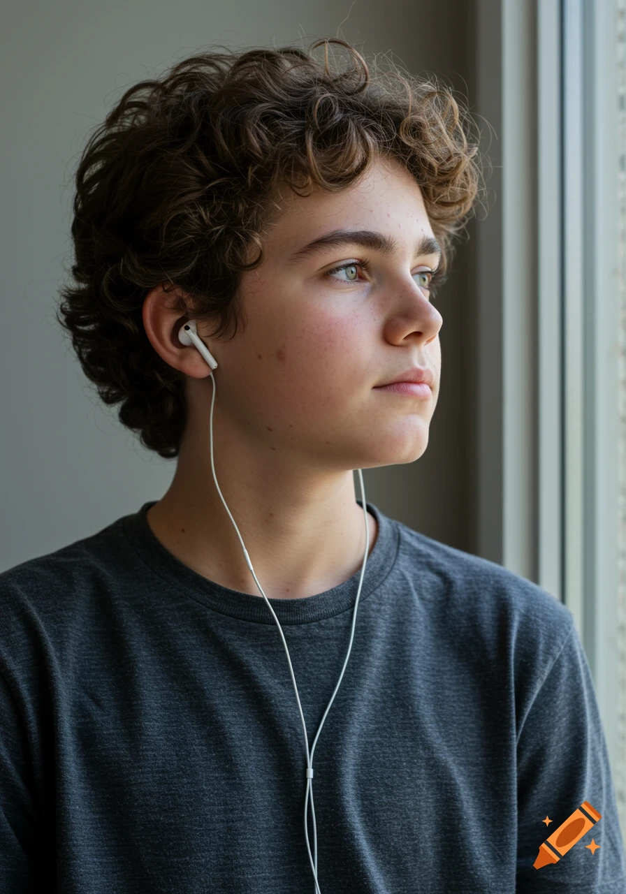 A young person with curly brown hair and headphones looks out a window.