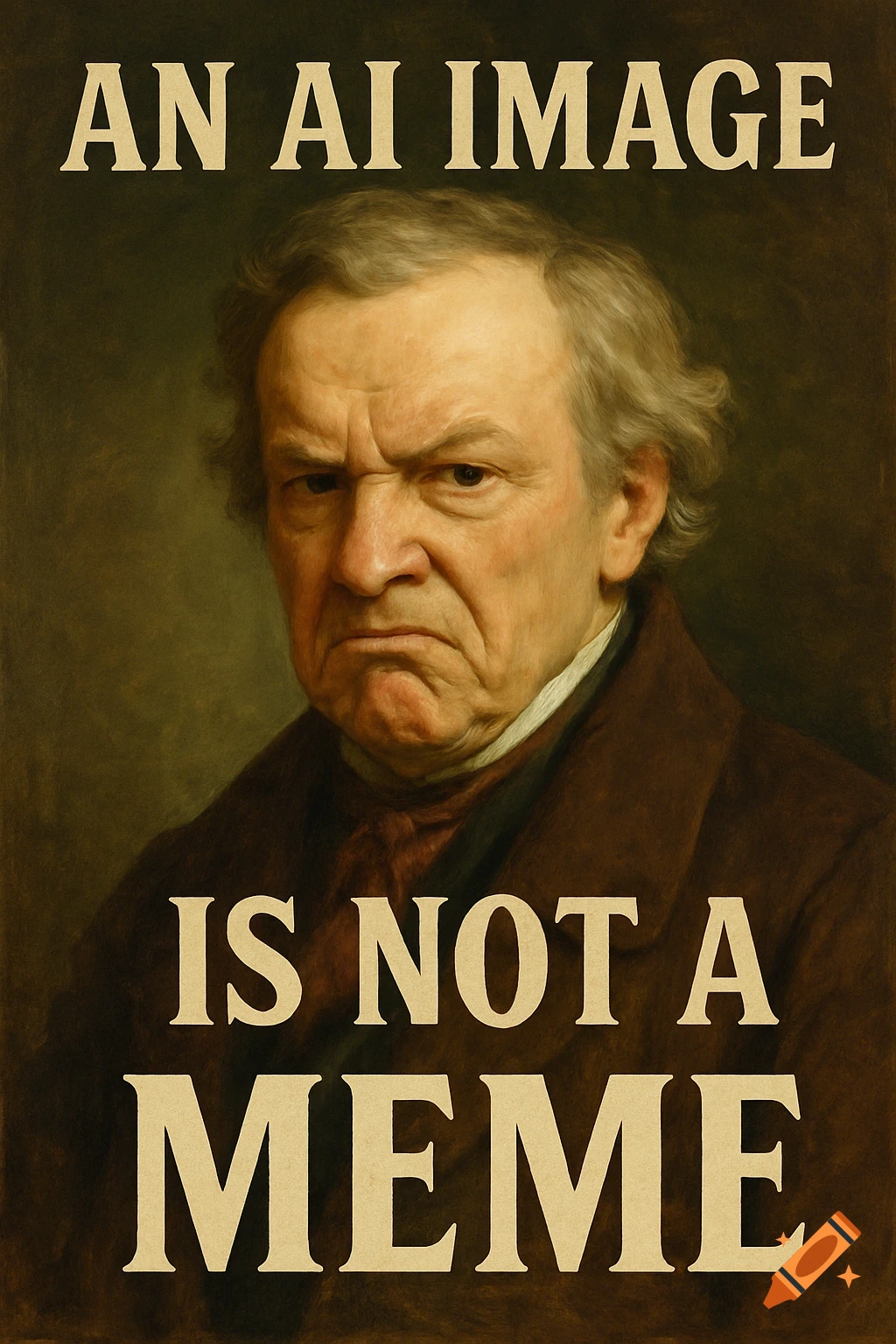 Portrait of a man with an angry expression and text 'AN AI IMAGE IS NOT ...