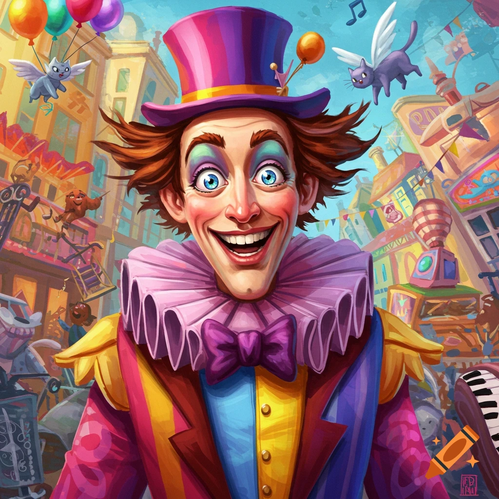 A cartoon illustration of a cheerful clown character in a colorful circus or carnival street scene.