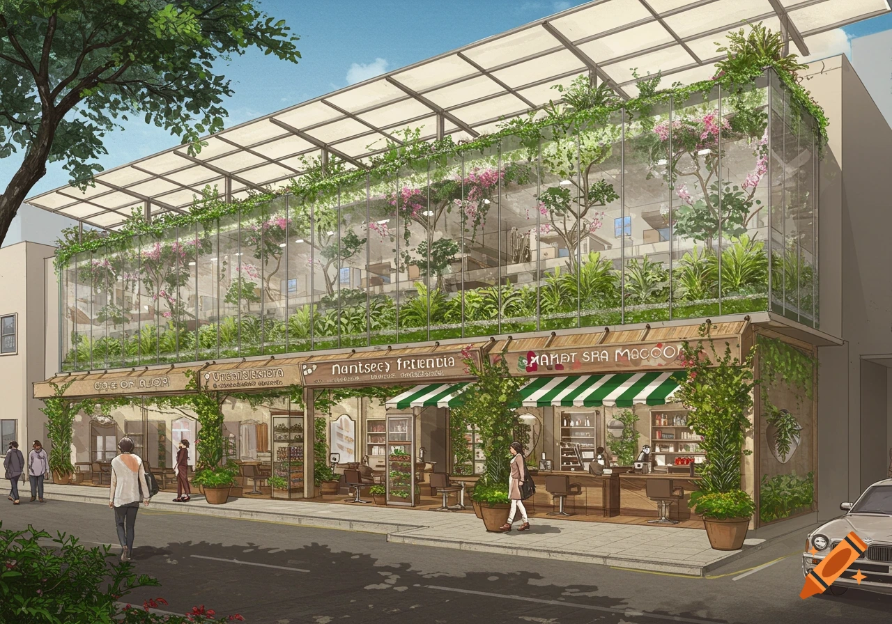 Illustration of a modern glass building facade with shops and abundant green plants.