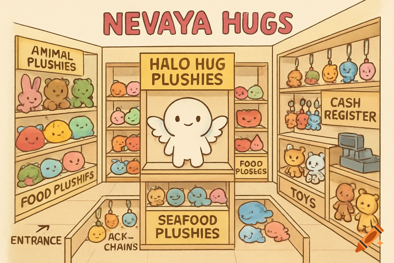 A cartoon drawing of a store interior filled with shelves of various colorful, round plushies. Signs label sections like 'Animal Plushies', 'Food Plushies', 'Seafood Plushies', 'Toys', 'Key Chains', and a cash register.