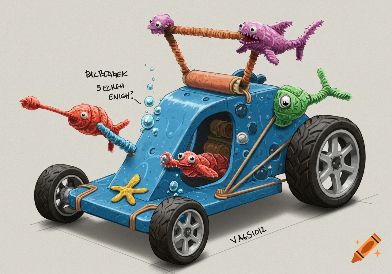Detailed sketch of a blue rubber band racer decorated with pipe cleaner sea creatures.
