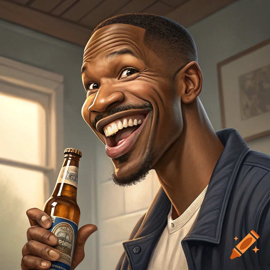 Man with exaggerated features laughing and holding a beer bottle
