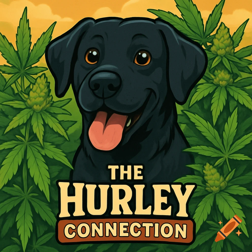 Cartoon style black lab dog surrounded by cannabis leaves with text 'The Hurley Connection'.