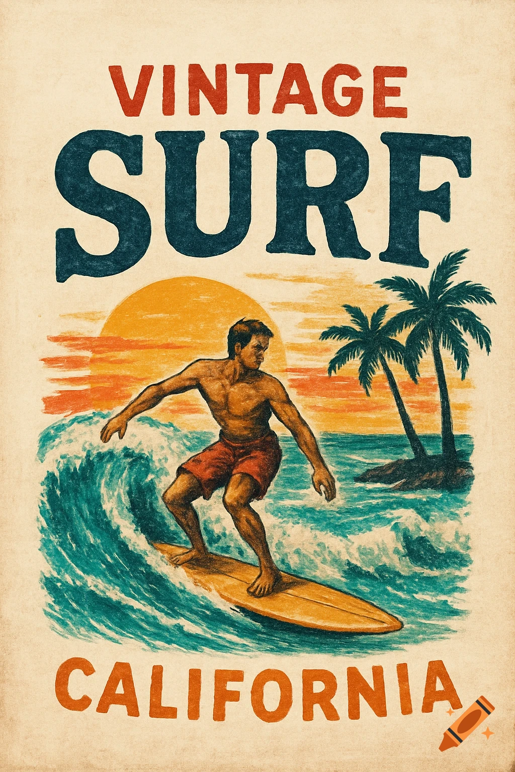 Vintage-style illustration of surfer on wave at sunset with palm trees and 'VINTAGE SURF CALIFORNIA' text.