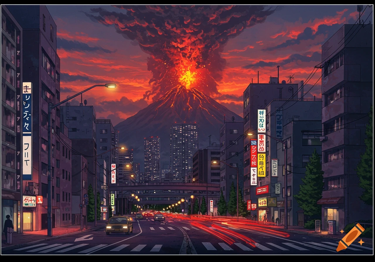 Anime style cityscape street scene with a volcano erupting dramatically in the background under a fiery red sky.