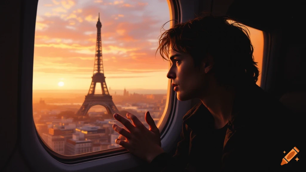Person looking out airplane window at Eiffel Tower and Paris at sunset, golden light