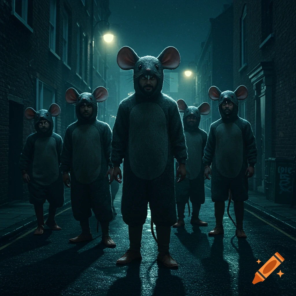 Five men in dark mouse costumes stand in a dimly lit alleyway at night. Cinematic style.