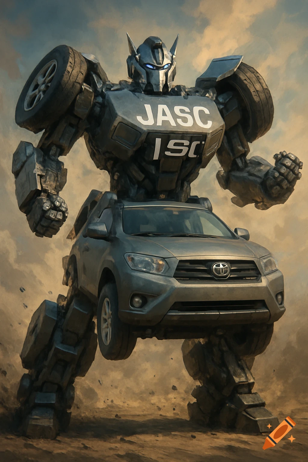 Robot formed from a gray Toyota SUV standing in a dusty landscape