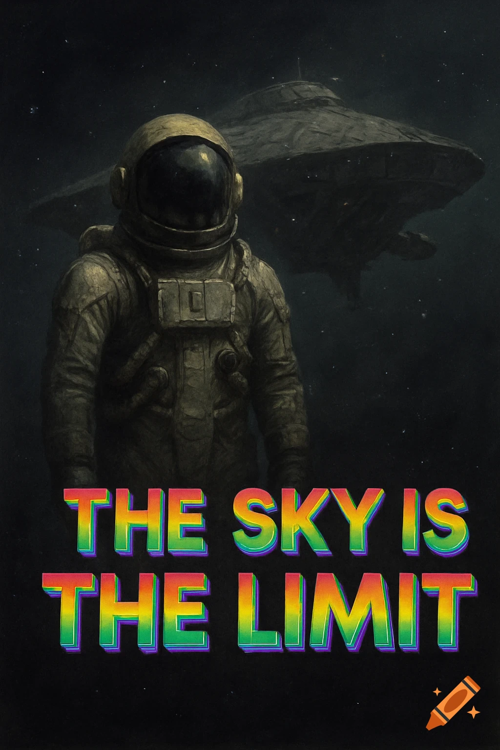 An astronaut stands in space looking at a large, dark UFO in the background. Rainbow text at the bottom reads: "THE SKY IS THE LIMIT".