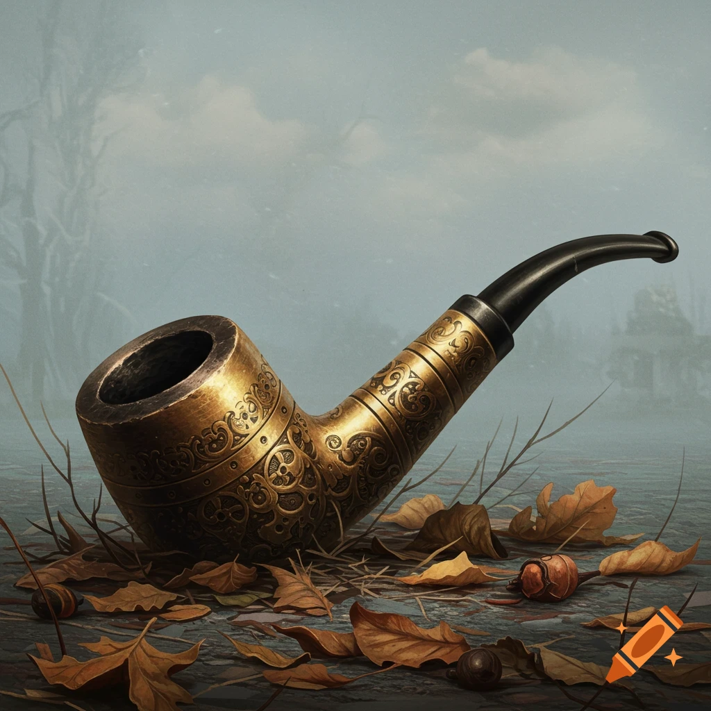An ornate golden pipe rests among fallen autumn leaves on the ground.