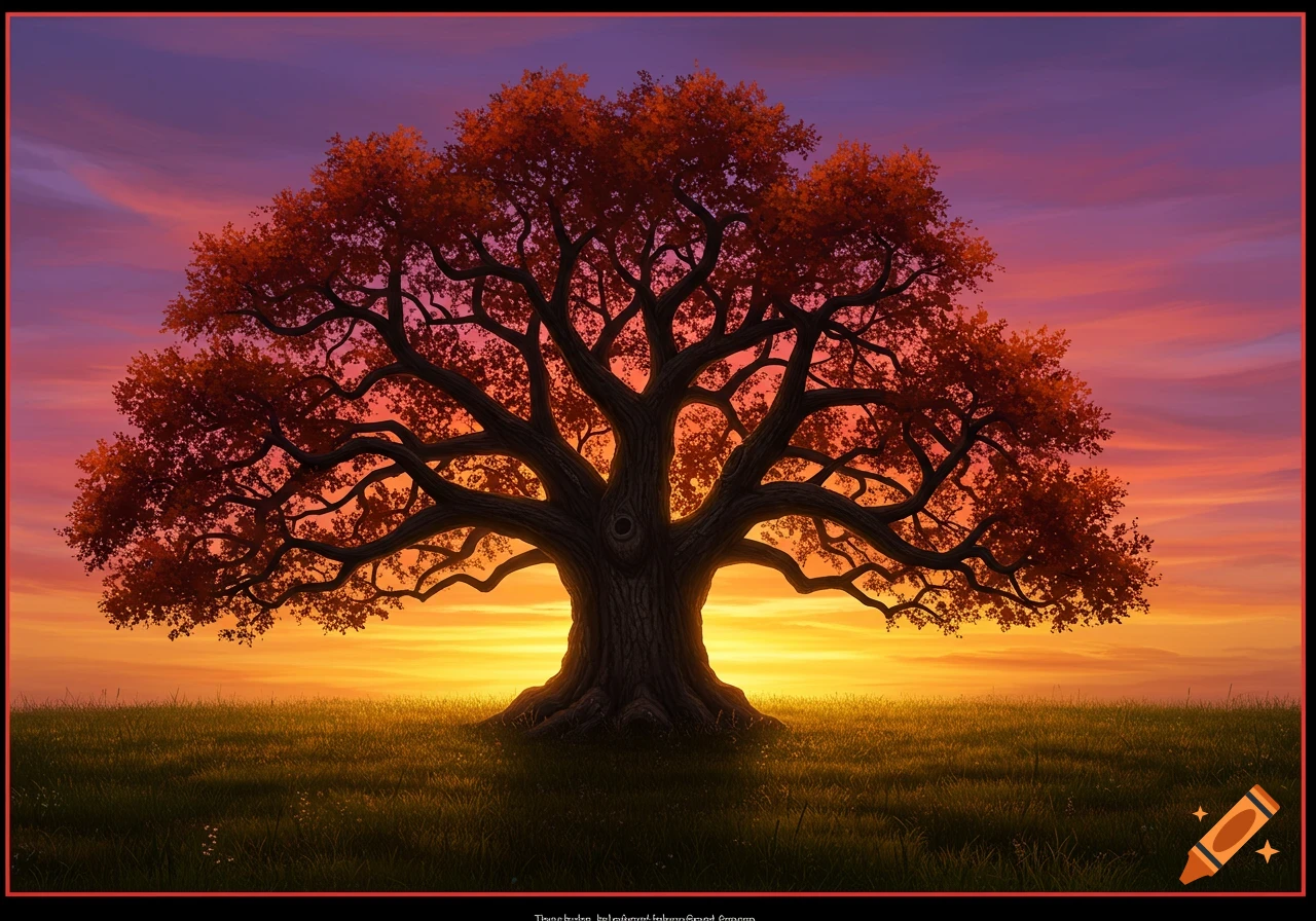 A large tree silhouetted against a vibrant sunset.