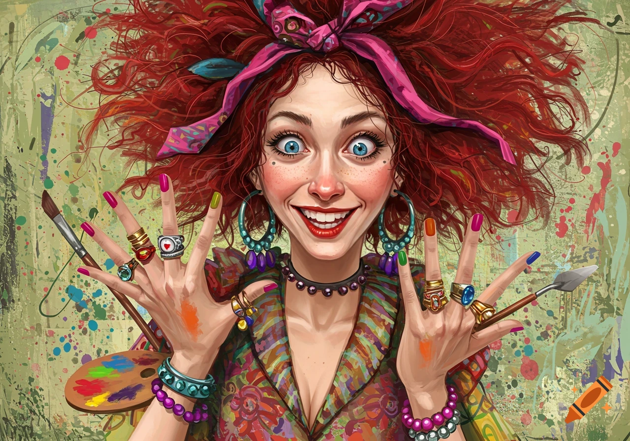 Illustrated portrait of a wide-eyed artist with messy red hair, holding paintbrushes and a palette, showing colorful painted fingers and rings.